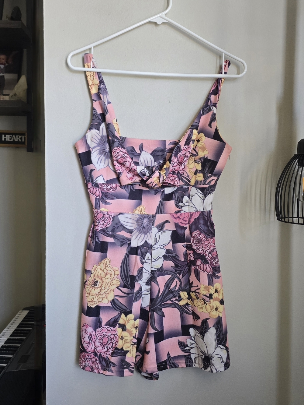 Women's Pink Floral One-Piece Romper With tie Front